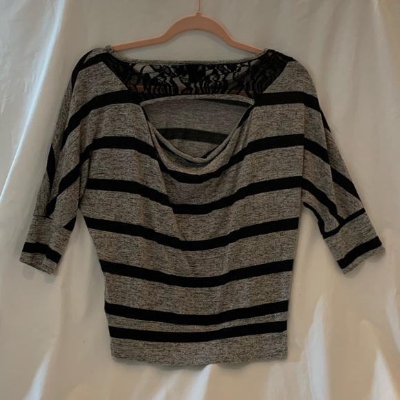 Black & Grey Striped Shirt with Lace Keyhole Back - Picture 2 of 4